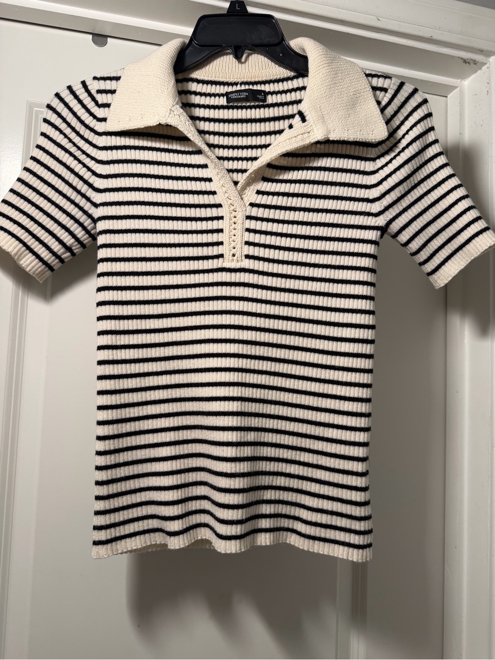 Vera wang/ simple Vera Striped Short-Sleeve Knit Polo Sweater - Cream/Black